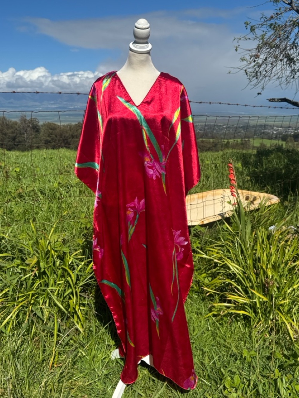 Vintage Winlar Red Caftan Tropical Satin Vacation Dress One size
